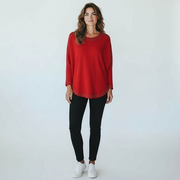 Oliver Women's L Red Rhinestone Embellished Soft Knit Pullover Sweater - Picture 4 of 5